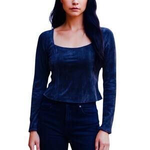 THEORY Women’s Sculpted Navy Blue Velvet Long Sleeve Top Large